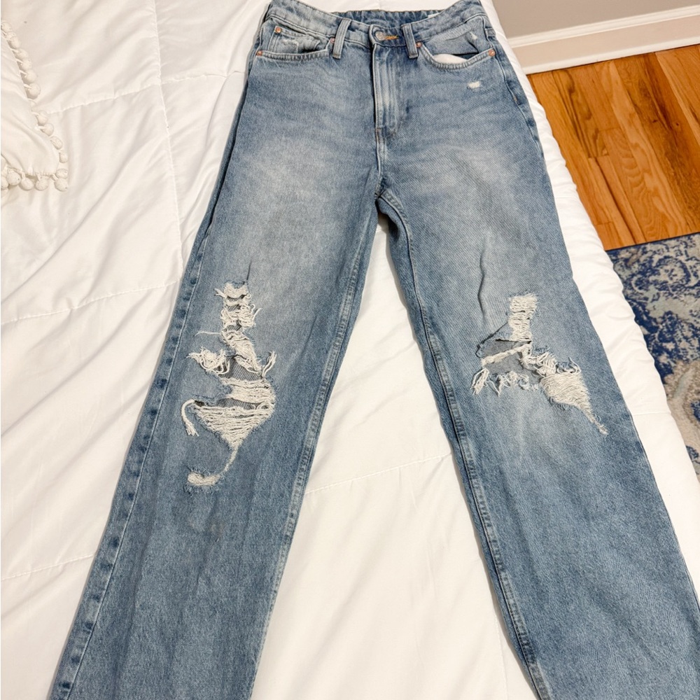 H&M Light Blue Distressed Straight Leg Jeans